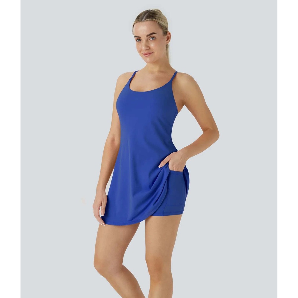 Halara Casual Dress Built-In Bra Shorts Hidden Pockets Crisscross Back Size XS